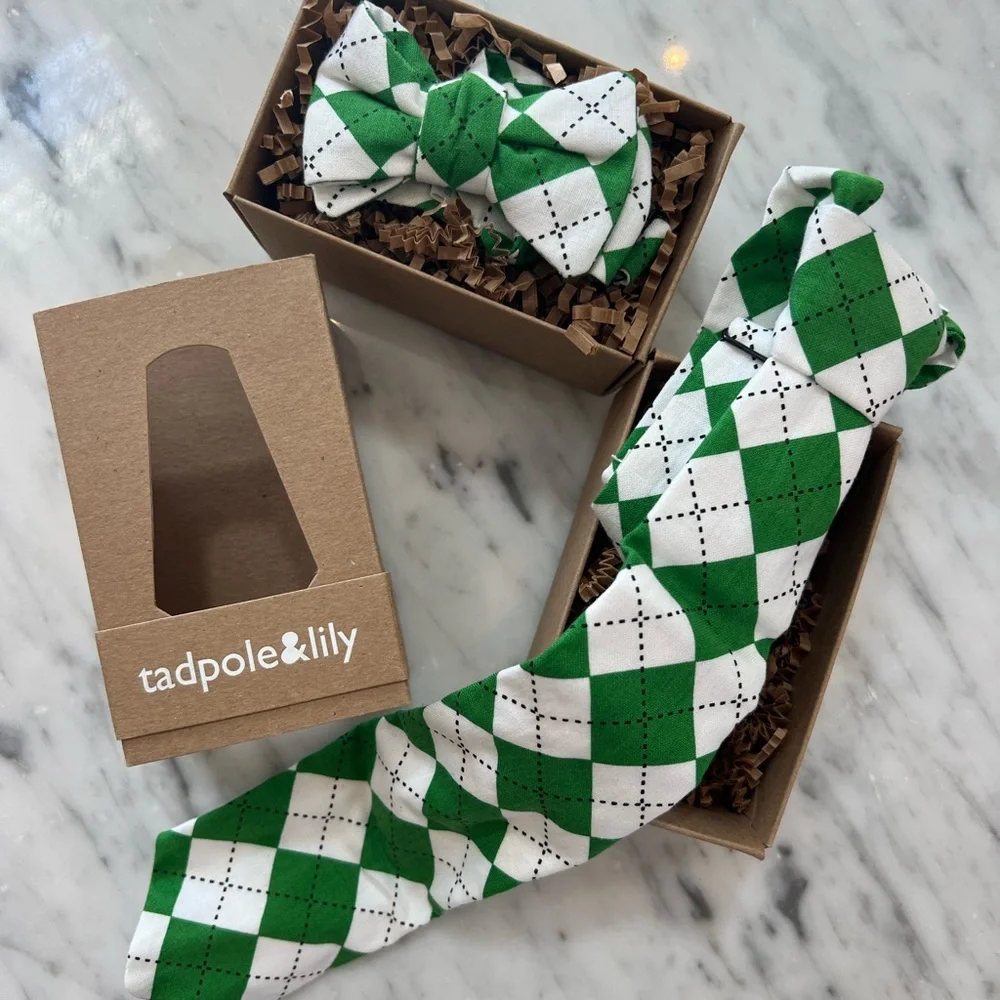 New Tadpole & Lily Boys Green and White Bow Tie or Long Tie